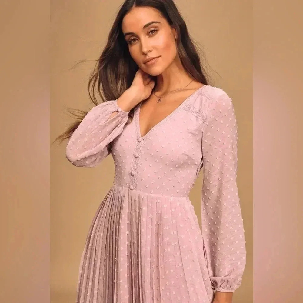 Lulus Poetic Love Mauve Swiss Dot Long Sleeve‎ Pleated Mini Dress - Picture 6 of 13